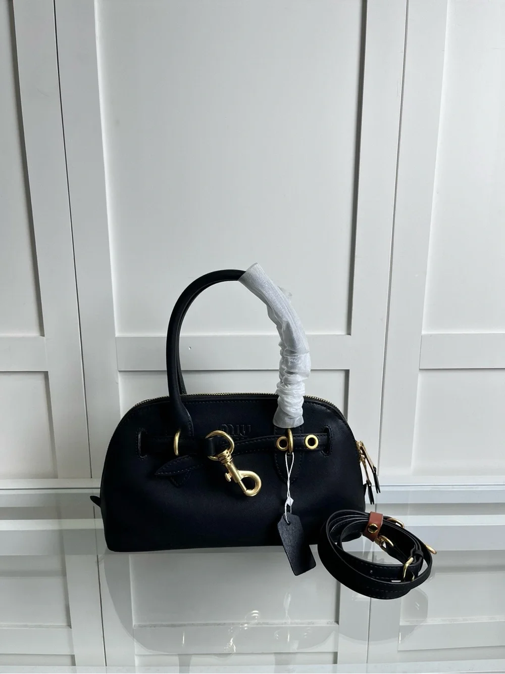 Miu Miu Black Leather Dome Satchel with Gold Hardware